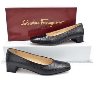 Salvatore Ferragamo Black Croc Embossed Leather Spain Heels